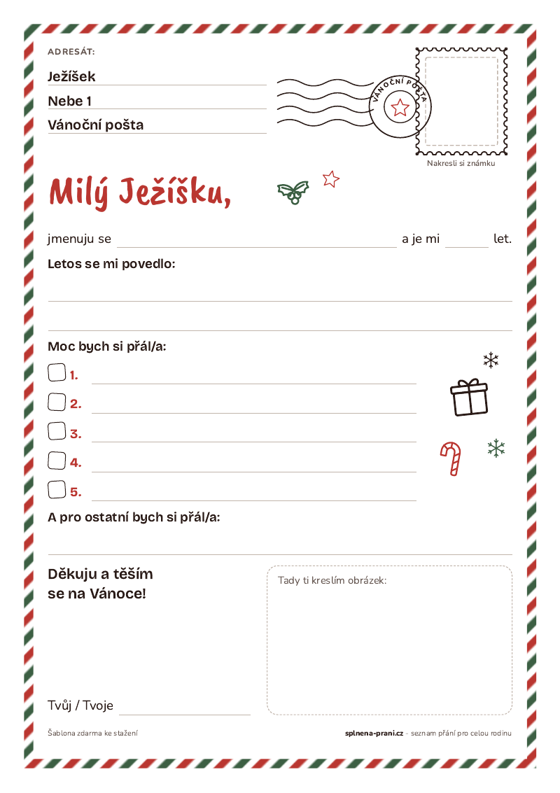 Šablona dopisu Ježíškovi pro školáky - styl Pošta